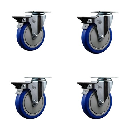 Service Caster 5'' Blue Poly Wheel Swivel Top Plate Caster Set Posi Brake, 4PK SCC-20S514-PPUB-BLUE-PLB-4